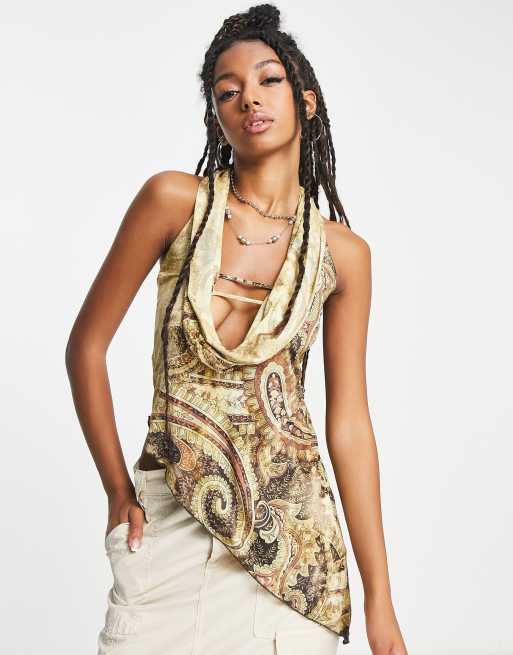 Jaded London - Top asimmetrico con scollo ad anello profondo e stampa cachemire multicolore