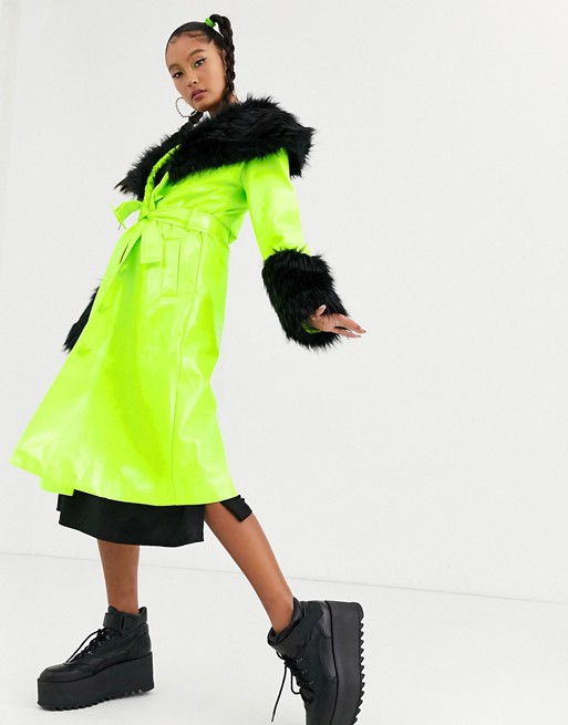 Jaded London trench coat with contrast faux fur trims