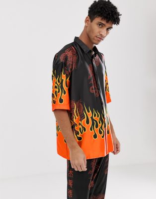 Jaded London two-piece festival two-piece shirt in black with flame print