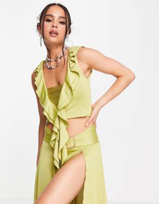 Jaded London v-neck cap sleeve Y2K frill top in khaki co-ord