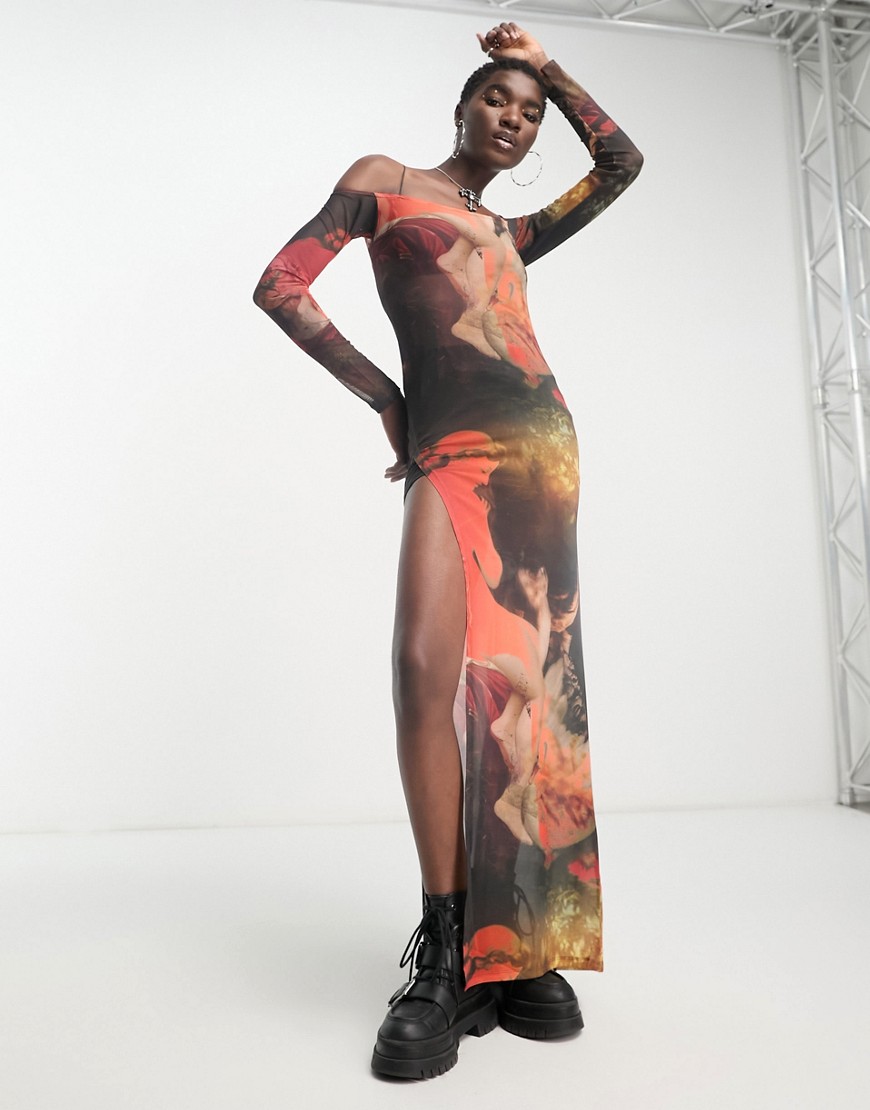 jaded london - vestito lungo trasparente con spalle scoperte anni '90-multicolore