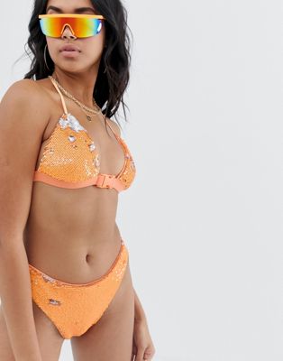 Jaded London – Zweifarbige Bikinihose mit hohem Beinausschnitt und Pailletten-Mehrfarbig