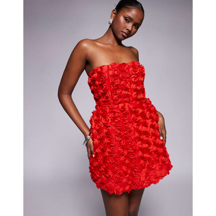 red dress with 3d flowers ASOS LUXE 3D floral ruffle bandeau mini dress with embellished drop pearls  in red
