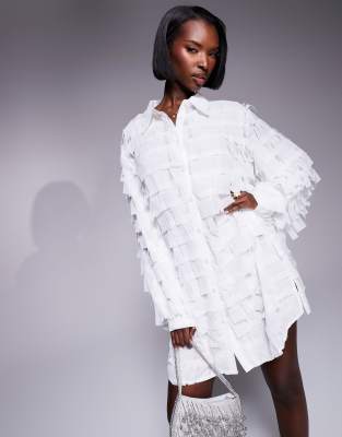 3D textured shirt dress in white-Black