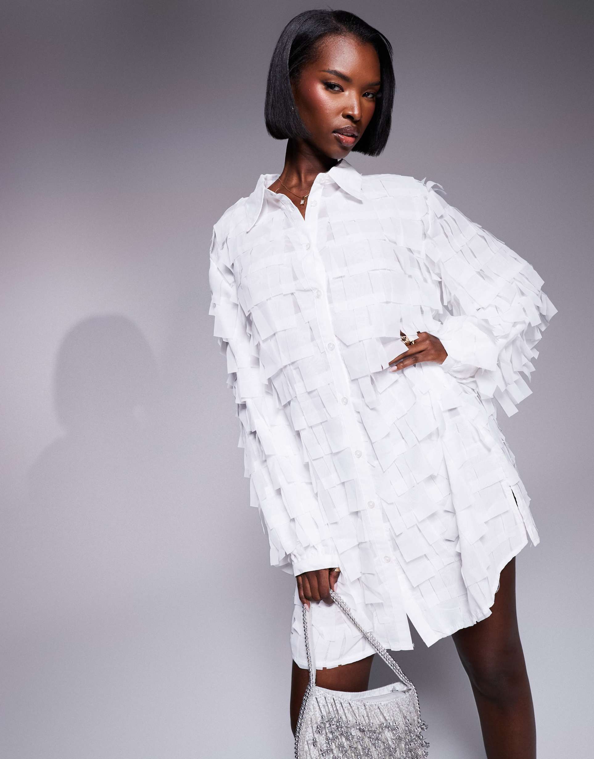 jaded rose 3d textured shirt dress in white