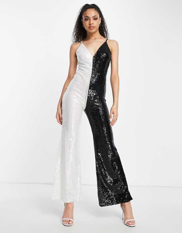 Jaded Rose - 70s plunge flare cami jumpsuit in contrast sequin