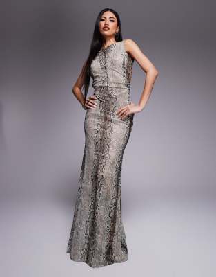 backless maxi dress in brown snake print