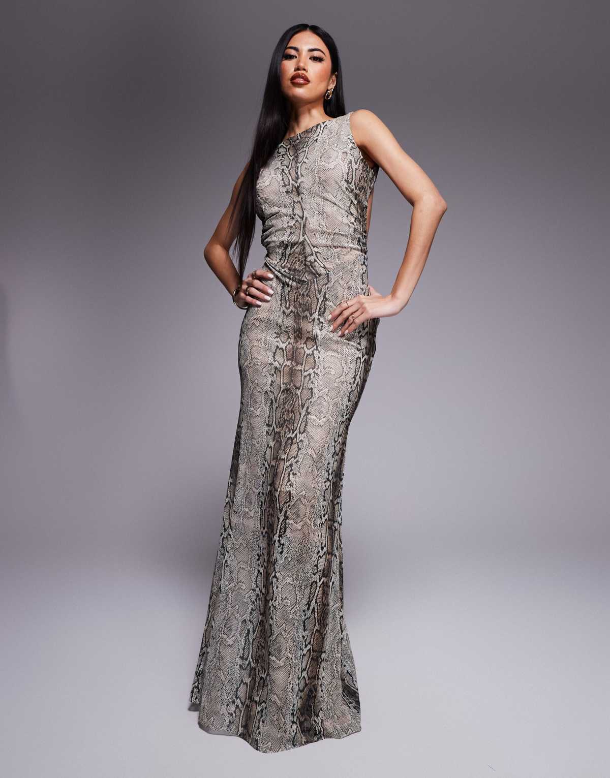 Jaded Rose backless maxi dress in brown snake print