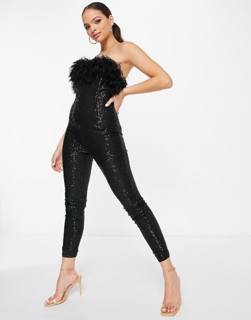 Jaded Rose bandeau sequin jumpsuit with faux feather trim | ASOS