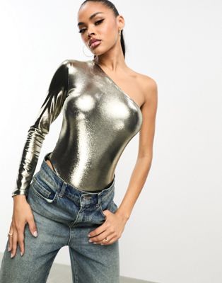 Jaded Rose metallic one shoulder bodysuit in liquid gold - ASOS Price Checker