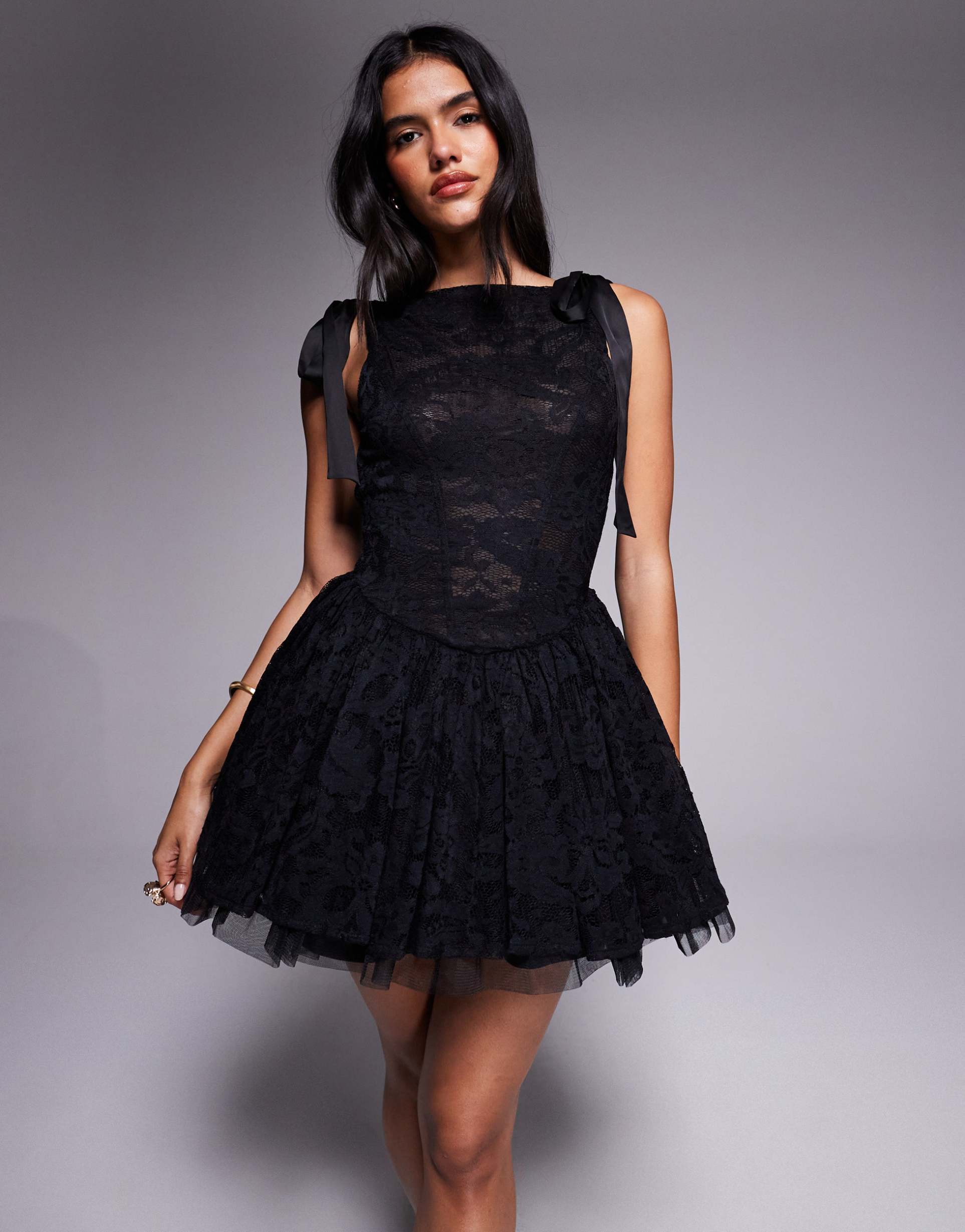 jaded rose bow shoulder lace structured mini dress in black