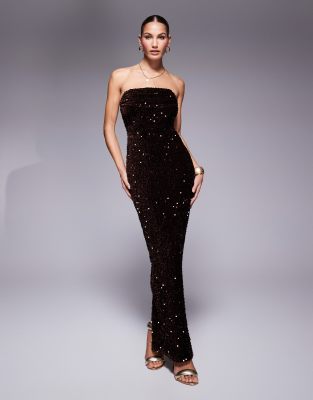 corset bandeau maxi dress in chocolate velvet sequin-Brown