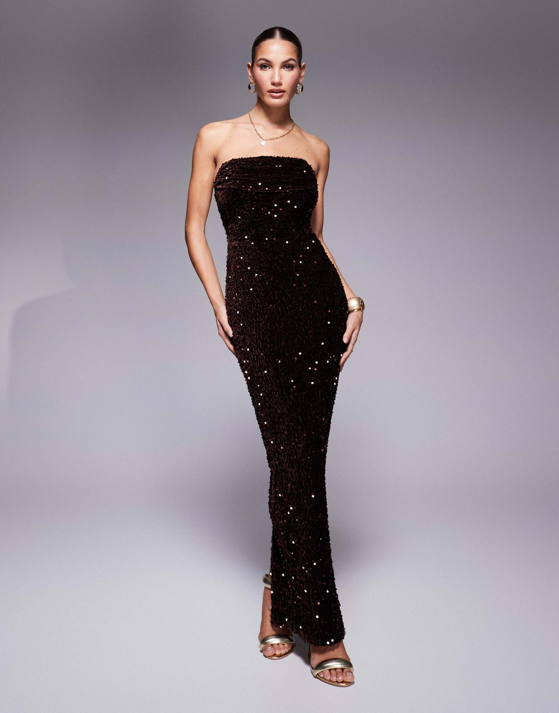 jaded rose corset bandeau maxi dress in chocolate velvet sequin