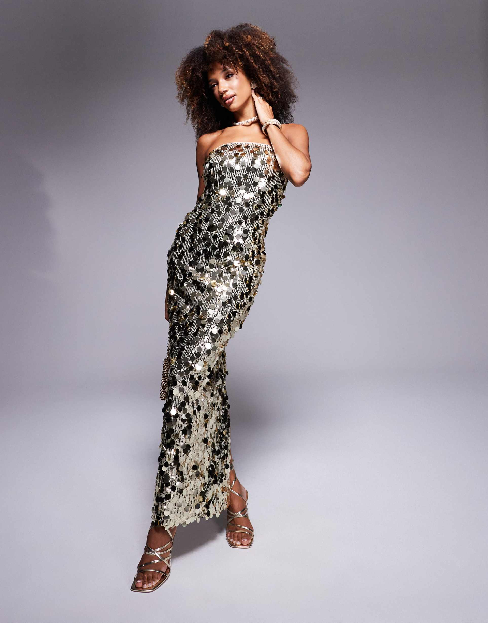 jaded rose disc sequin maxi dress in gold