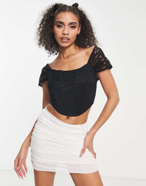 Jaded Rose drape sleeve corset top in black lace