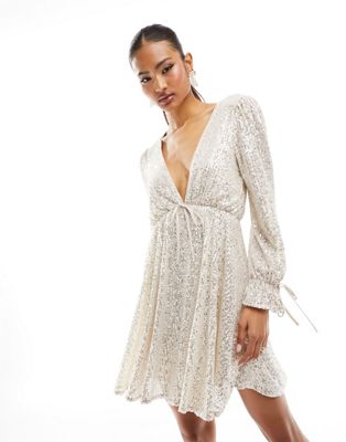 embellished babydoll mini dress in silver sequin