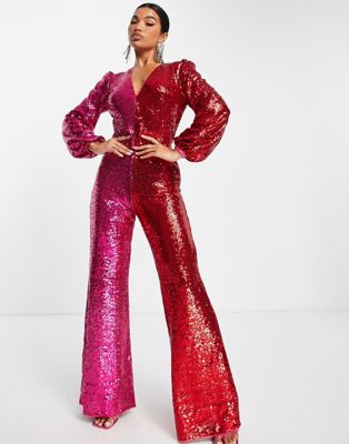 Jaded Rose exclusive 70s plunge flare jumpsuit in contrast sequin