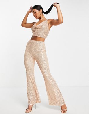 Jaded Rose exclusive 70s sequin flare trouser co-ord in gold | ASOS
