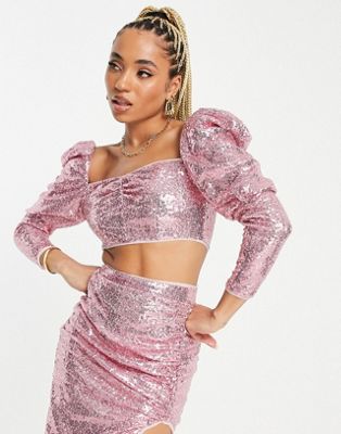 Jaded Rose exclusive balloon sleeve top co-ord in rose gold