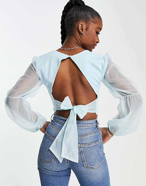  Jaded Rose exclusive bow back corset top with tiered sleeve in pastel blue 