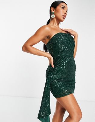 Jaded Rose exclusive fallen shoulder sequin mini dress in emerald green