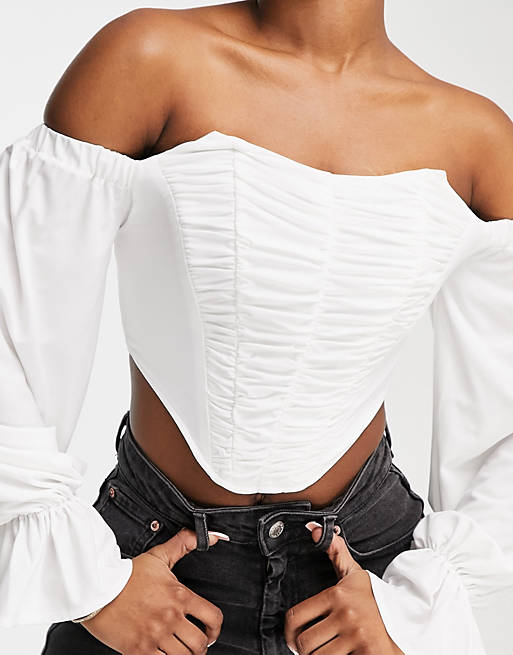 Women Jaded Rose exclusive off shoulder corset top with volume sleeve in cream 