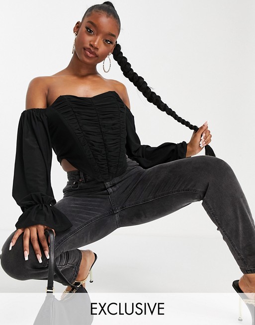 Jaded Rose exclusive off shoulder ruched corset top with volume sleeve in black