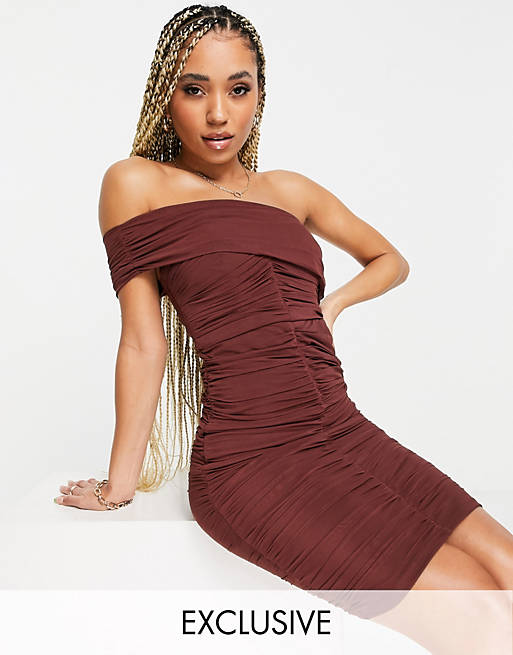 Dresses Jaded Rose exclusive off shoulder ruched midi dress in chocolate 