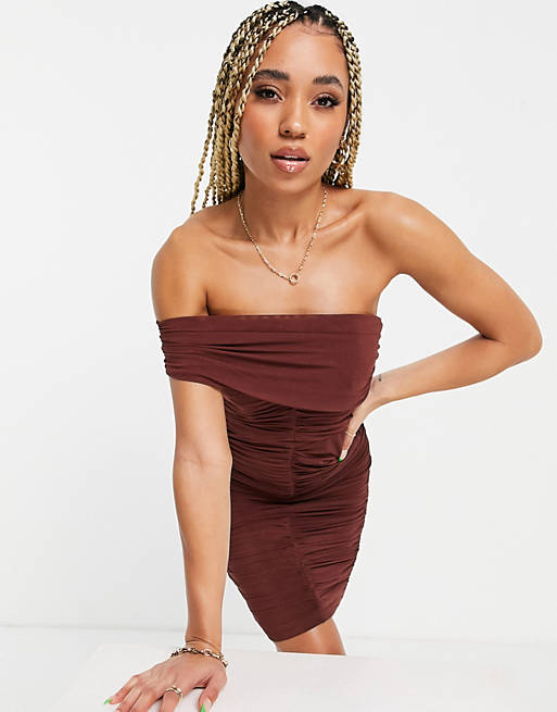  Jaded Rose exclusive off shoulder ruched midi dress in chocolate 