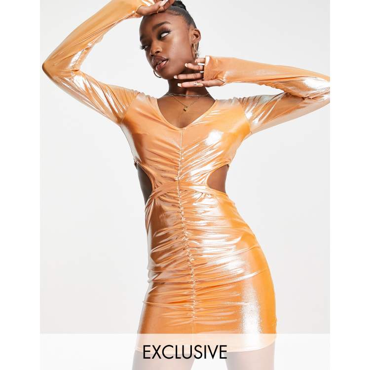 rose gold latex dress Jaded exclusive ruched cut-out mini in metallic orange EXTRA20