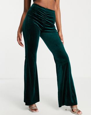 Jaded Rose exclusive ruched high waist velvet flare trousers in emerald green