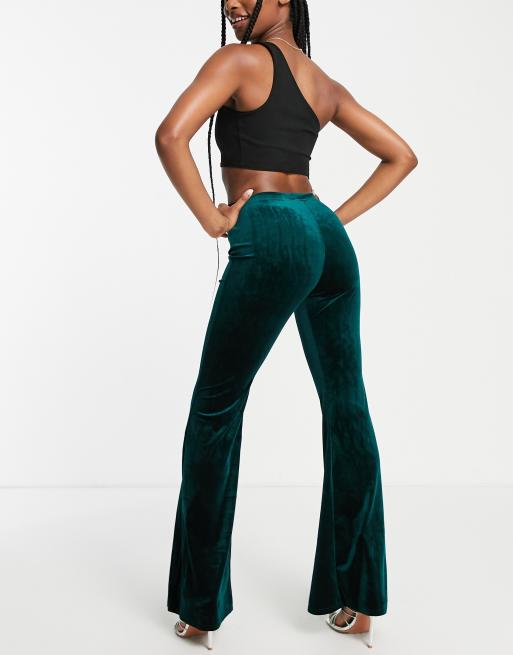 Green Crushed Velvet HW Flare Pants - Limited