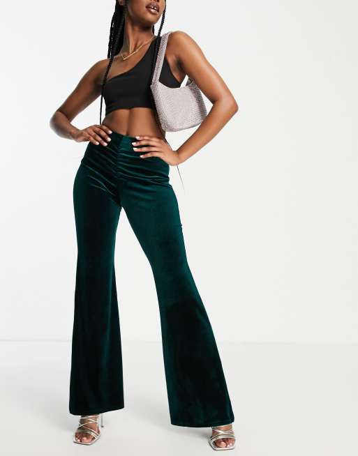 Green Crushed Velvet HW Flare Pants - Limited