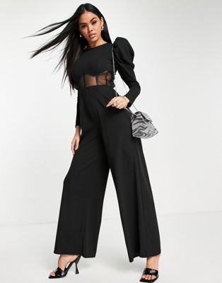 Jaded Rose exclusive sheer body long sleeve corset jumpsuit in black