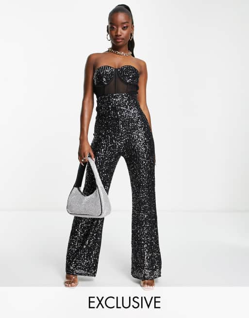Jaded Rose - Exclusivité - Combinaison évasée façon corset à sequins - Noir