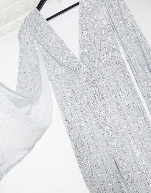 Jaded Rose - exklusiv - silvrig cape-inspirerad jumpsuit med paljetter, 2 av 4