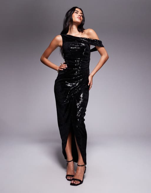 Jaded Rose fallen shoulder maxi dress in velvet sequins in black, 2 of 4
