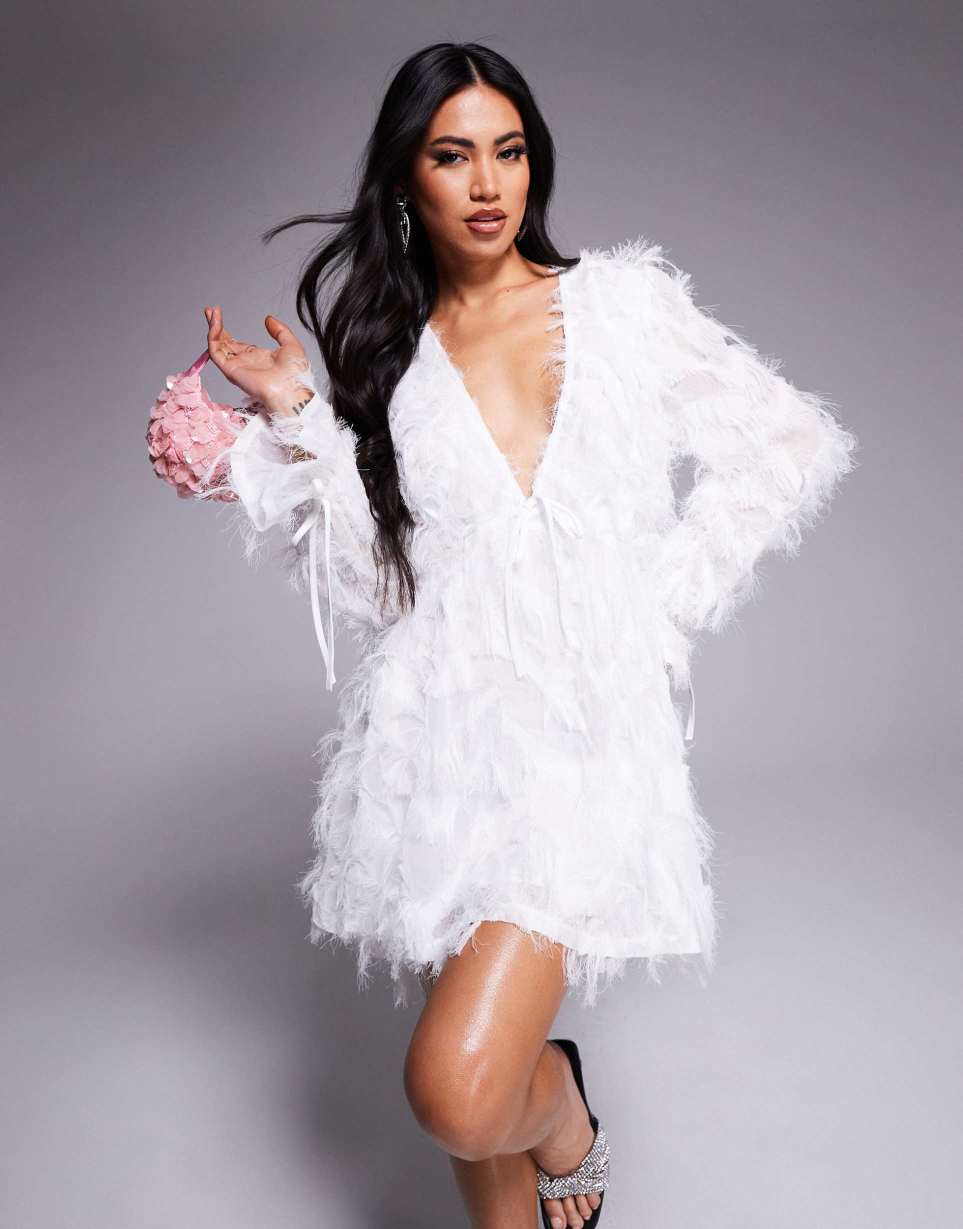 jaded rose faux feather babydoll mini dress in ivory