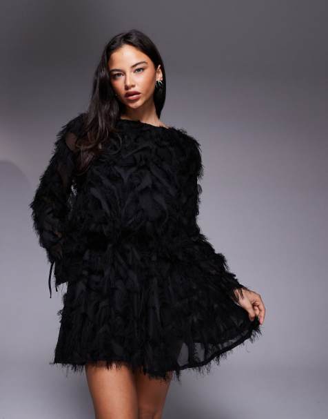 Jaded Rose faux feather bell sleeve mini dress in black