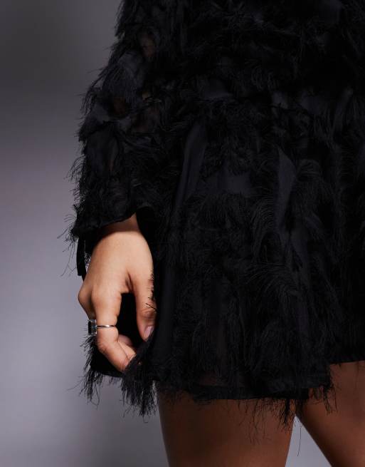 Jaded Rose faux feather bell sleeves mini dress in black, 4 of 4