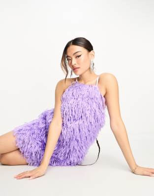 Jaded Rose Faux Feather Mini Dress In Lilac-purple