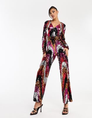 Jaded Rose flared jumpsuit in swirl sequin