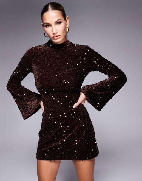 Jaded Rose flared sleeve mini dress in chocolate velvet sequin - view 1