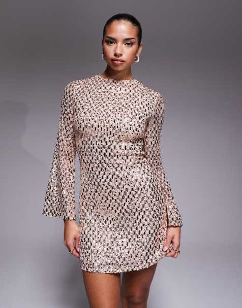 Jaded Rose fluted sleeve sequin mini dress in cream