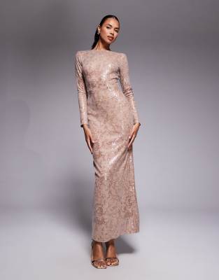 Jaded Rose foil sequin long sleeved maxi dress in soft gold