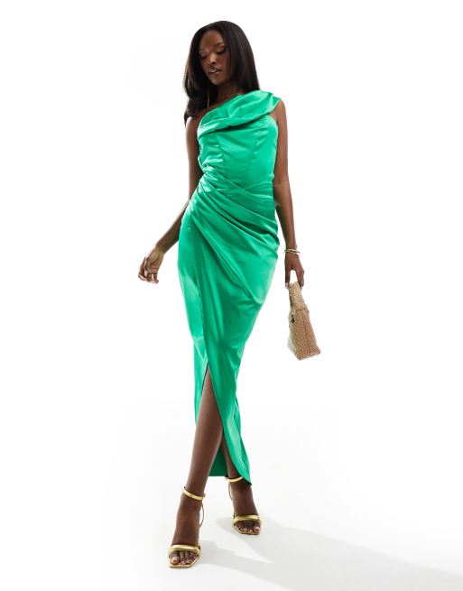 Jaded Rose – Gerafftes Maxikleid aus Satin in Grün mit One-Shoulder-Träger