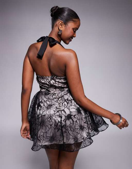 Jaded Rose halter neck lace structured mini dress in black | ASOS