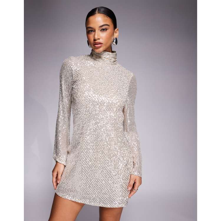 Jaded Rose high neck cowl back sequin mini dress in silver