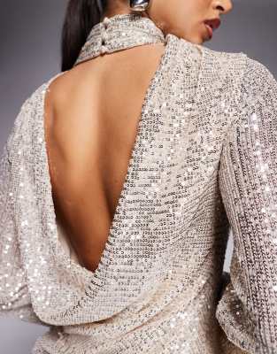 Jaded Rose High Neck Cowl Back Sequin Mini Dress In Silver