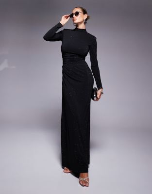 Jaded Rose hotfix long sleeve maxi dress in black